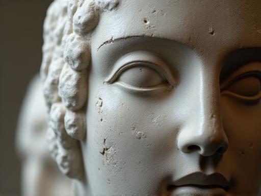 Detail of a restored ancient sculpture with fine cracks visible